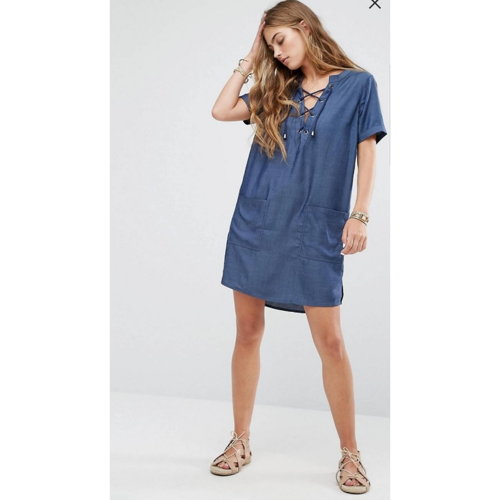 Lovers + Friends Blue Waterfront Soft-Touch Chambray Denim V-Neck Lace-Up Dress